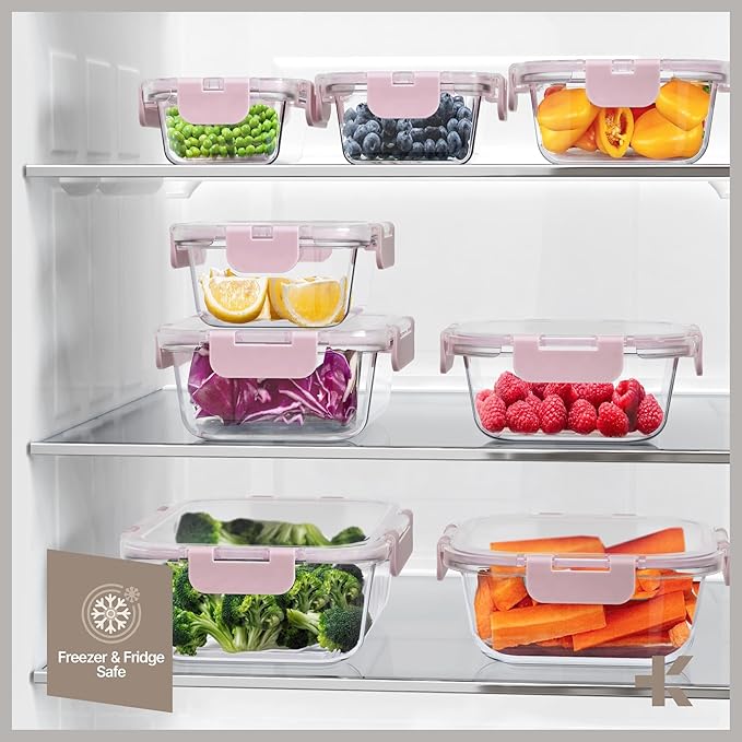 Bakken Borosilicate Glass Food Storage Containers with Lids 24 Pieces, Pink