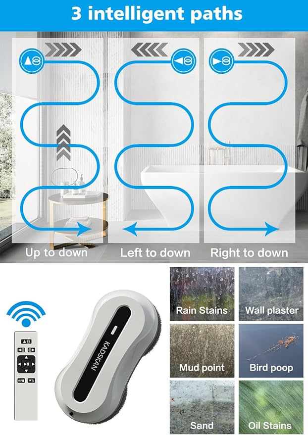 Window Cleaning Robot, Automatic Window Cleaner with Water Spray for Windows/Tiles/Class Door, Inside/Outside, 5600Pa Suction Power, 3.0 Path Planning