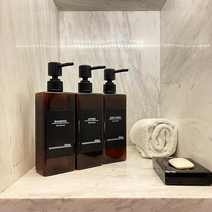 Shampoo Dispenser for Shower Wall, Shampoo and Conditioner Dispenser with 16 Waterproof Labels, No Drill Shower Soap Dispenser Bathroom, Shower Soap Dispenser Wall Mounted 3 chamber, 17oz, Black Amber