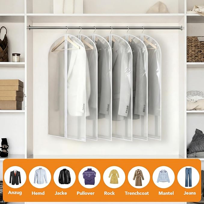 6 Pack Garment Bags 60 * 100cm, 40in PEVA Translucent Garment Covers, White Edge
