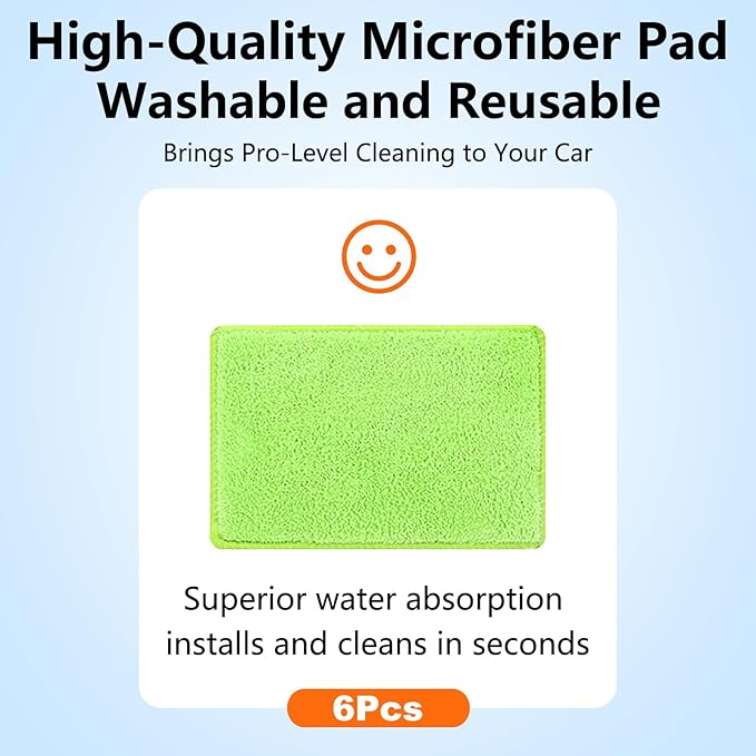 Windshield Cleaner Tool with 6 Reusable Magic Fiber Pads & Spray Bottle, Removable Handle Car Window Wiper Kit for Interior/Exterior Glass, Trucks