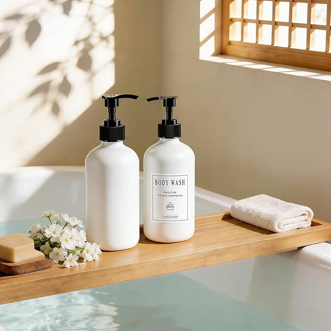 TBWIND 12 Pack 16oz White Glass Soap Dispenser Bottles with Pumps, Refillable Glass Bottles for Shampoo Conditioner Lotion, Ideal for Bathroom, Kitchen, Waterproof Labels & Funnels Included