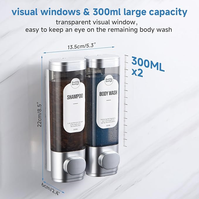 Shampoo and Conditioner Dispenser, Refillabe Shower Soap Dispensers 2 Chamber No Drill Shampoo Dispenser for Shower Wall Mounted 2 * 300ml Container for Bathroom Hotel (Sliver 2 Chamber)