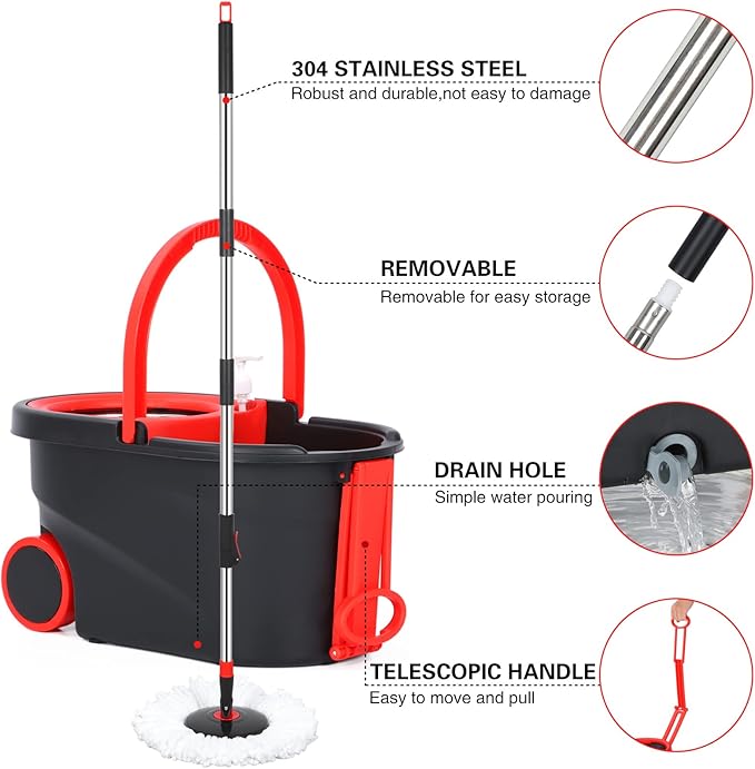 Spin Mop and Bucket, Mop Set with Bucket On Wheels with 3 Microfiber Mop Refills, Stainless Steel 61" Extended Handle Mop and Bucket with Wringer Set for Floor Cleaning