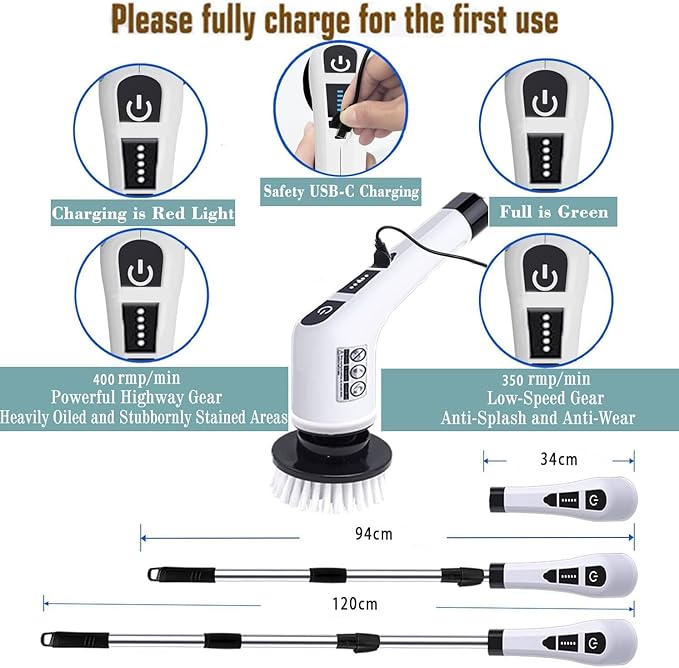 Electric Spin Scrubber, Cordless Cleaning Brush with 9 Replaceable Brush Heads, Tub and Floor Tile 360 Power Scrubber Dual Speed with Adjustable Detachable Handle for Bathroom Kitchen Car (9)