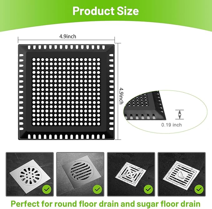 Aluvor Drain Hair Catcher,Shower Drain Cover Hair Catcher Shower Drain Strainer for Bathroom Floor,Square Shower Hair Drain Catcher to Keep Away from Clogged Drain (Matte Black, 4 inch)