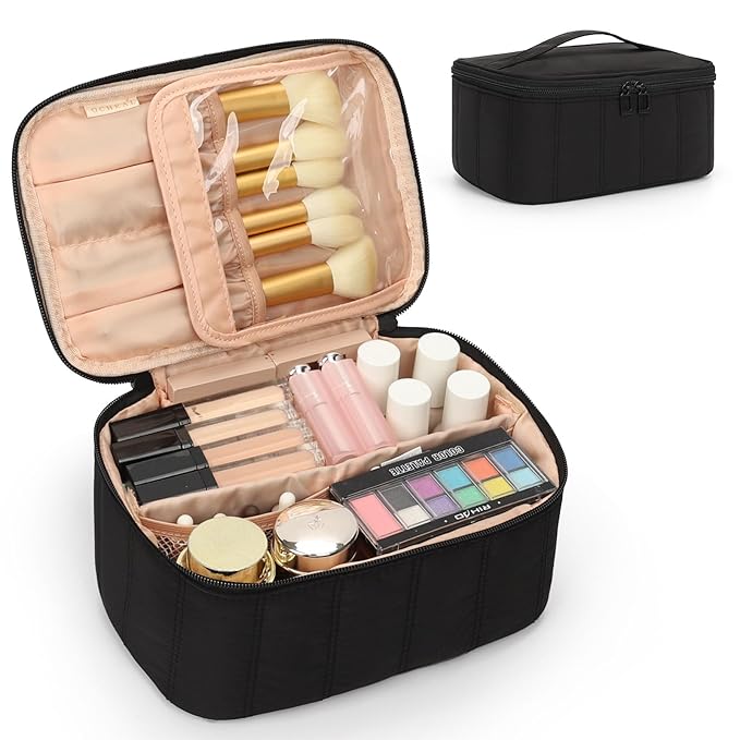 OCHEAL Black Makeup Bag - Portable and Spacious Cosmetic Organizer for Women's Travel with Handle, Divider, Large Capacity for Girls on the Go-Black