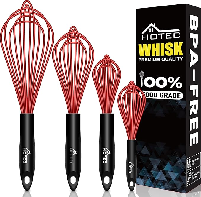 HOTEC 4 Pieces Silicone Whisks Set, Wire Balloon Whisks Egg Beater, Non-slip Handle Whisk for Non-stick Cookware Perfect for Cooking, Stirring, Beating and Blending (Red)