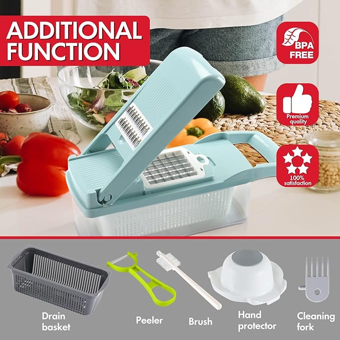Ourokhome Vegetable Chopper Onion Cutter, 12 in 1 Professional Mandoline Slicer for Kitchen, Multifunctional Food Chopper for Potato, Tomato, Veggie with Strainer Basket, 8 Blades, Blue