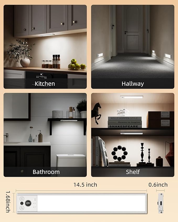EZVALO 14.5inch Under Cabinet Lighting, LED Motion Sensor Light Indoor, 3500mAh USB Rechargeable Closet Lights, Dimmable & Magnetic Wireless Under Counter Lights for Kitchen, Pantry, Stairs (2 Pack)