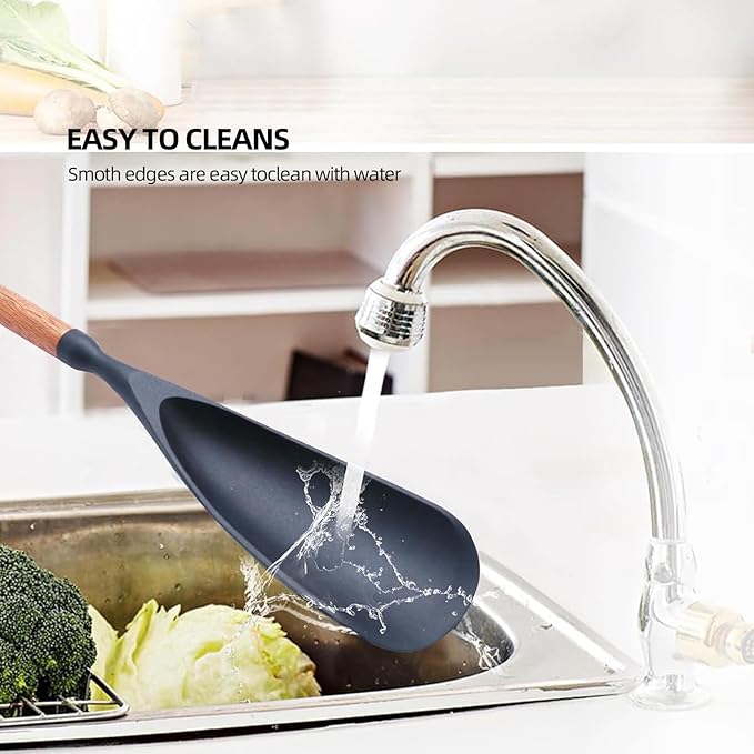 Multifunction Silicone Spatula Cooking Spoon for Nonstick Cookware, Wooden Handle Spatula Spoon for Mixing Serving Scraping, Heat Resistant BPA-Free Kitchen Spoon