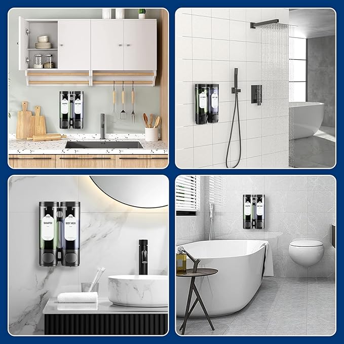 2-Chamber Shampoo and Conditioner Dispenser Shower Soap Dispenser 2 Chamber No Drill,Shower Soap Dispenser Wall Mounted, HUOTDY SUNTYS Body Wash Dispenser Set for Bathroom Toilet Hotel Kitchen (BLACK)