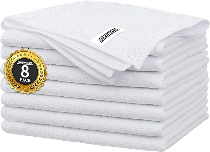 FIXSMITH White Microfiber Cleaning Cloth -Pack of 8, Highly Absorbent Cleaning Rags, 16"X12" All Purpose Cleaning Towels for Housekeeping, Kitchen, Car, Lint Free and Reusable Microfiber Towels