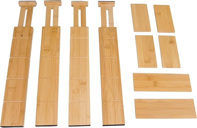 Lipper International Bamboo Wood Custom Fit Adjustable Dresser and Kitchen Drawer Dividers with Inserts, 13 1/4" to 17 1/4" Deep x 2 3/8" Tall, Set of 4