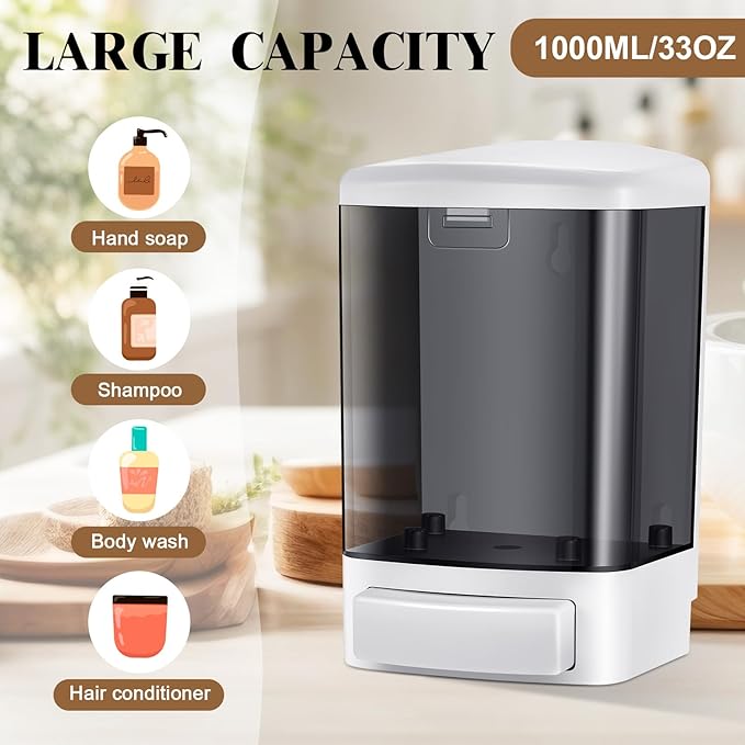 Hushee 6 Pcs Plastic Wall Mounted Soap Dispenser Commercial Manual Soap Dispenser Containers for Kitchen Shower Hotel(Black,33.8 oz 1000 ml)