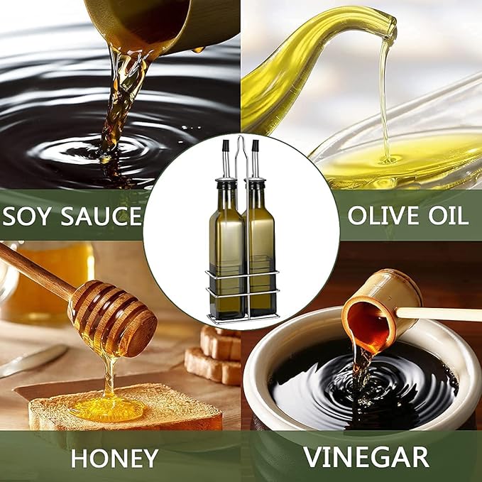 Gusnilo Glass Olive Oil Bottle - 250ml Second Generation Brown Oil & Vinegar Cruet with Pourers and Funnel - Olive Oil Carafe Decanter for Kitchen - (8.5 Oz Ounce)