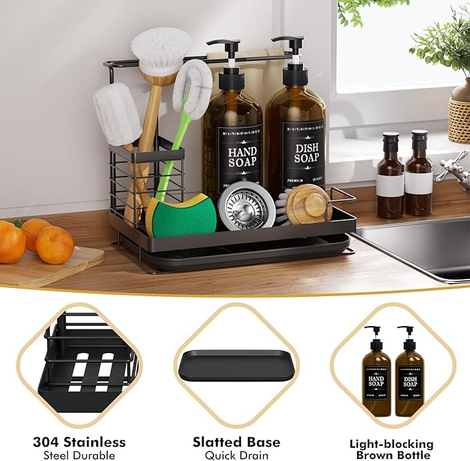Kitchen Dish Soap Dispenser Set with 2 Pack 17oz Amber Glass Bottles - Rustproof Stainless Steel Organizer & Removable Tray - Farmhouse Soap and Sponge Caddy for Kitchen Sink Countertop Decor