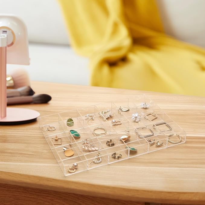 Large Clear Jewelry Organizer Display Tray, Storage Case for Rings, 24 Grids