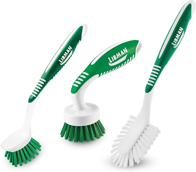 Libman Green & White Cleaning Brush Kit, 3-Piece Set, All-Purpose Brushes for Kitchen, Basins, Sinks, Dishwashers
