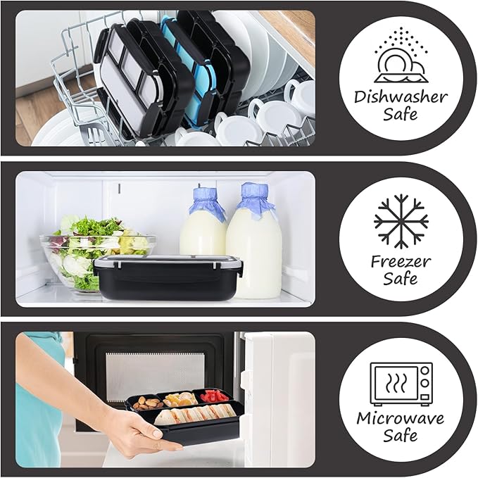 QQKO Bento Box for Kids Adults, School Toddler Lunch Box for Boys Girls, Lunch Box Containers with 4 Compartments, Sauce Container, Utensils