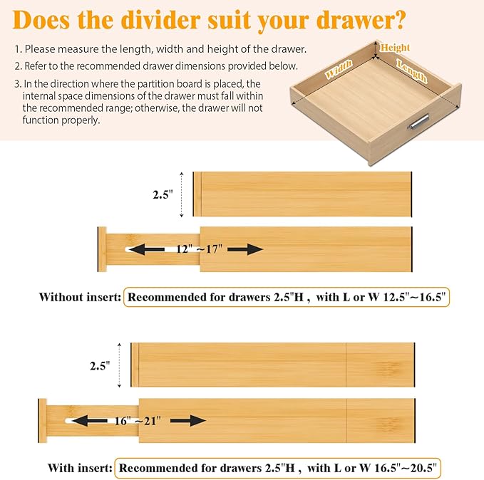 Bamboo Drawer Dividers, 12-21" Adjustable Drawer Organizers for Clothes, 8-Pack