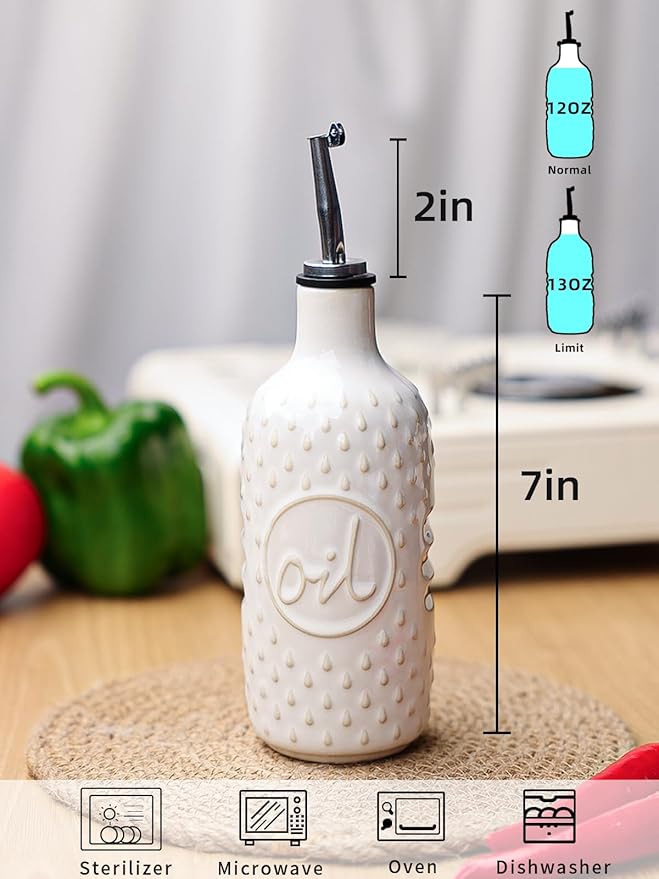 GDCZ Ceramic Olive Oil Dispenser Bottle, 15 Oz Relief Opaque Oil Cruet for Kitchen Counter, Oil Dispenser for Storage Oil, Vinegar, Soy Sauce, Coffee Syrup, Liquids (White)