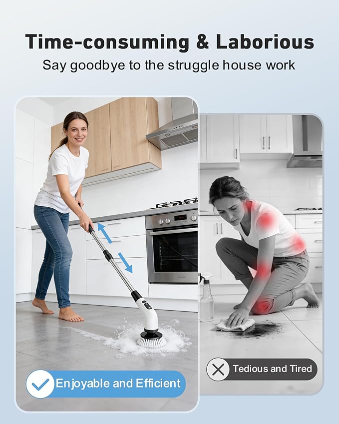 Powerful Electric Spin Scrubber, Cordless Cleaning Brush, Shower Scrubber,90-Min Extended Runtime, Telescopic Long Handle, 8 Replaceable Heads, 2 Speeds for Bathroom, Bathtub, Floor & Glass