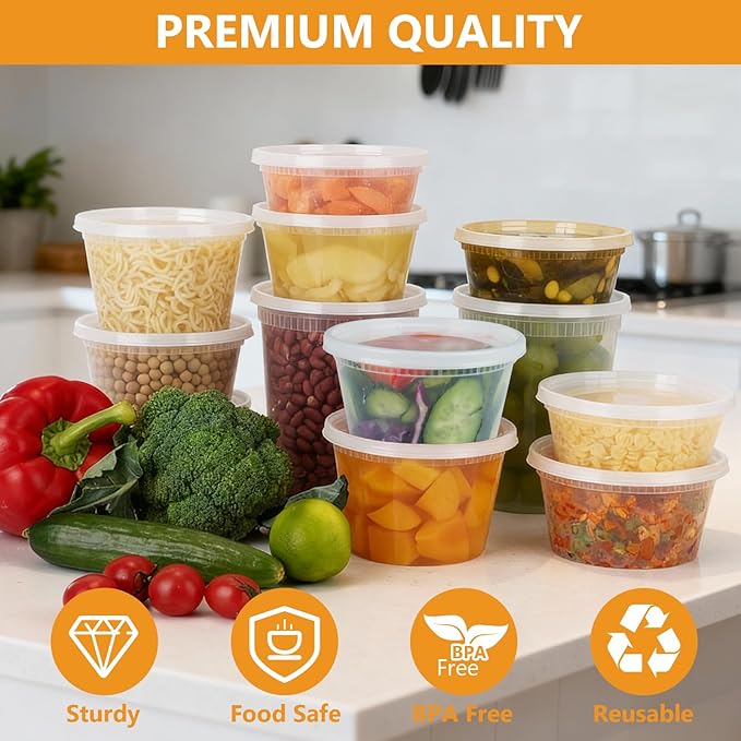 NESCCI 96 Pack (192-Piece) Deli Containers with Lids, 32/16/12/8 oz X 24 Set Each