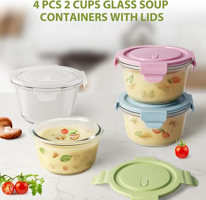 16oz Glass Meal Prep Containers, Airtight 2 Cup Glass Storage Containers with Lids, Heat-Resistant BPA-Free Borosilicate Glass Soup Container for Leftover, Microwave, Dishwasher&Freezer Safe (4 Packs)