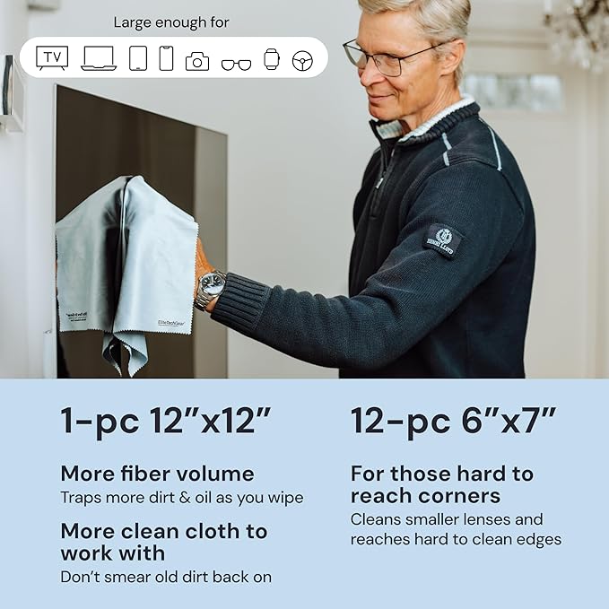 Elite Tech Gear Large Microfiber Cleaning Cloth (13-Pack) - 1-pc 12" x 12" and 12-pc 6"x7" - Glasses Cleaning Cloth for TV Screens