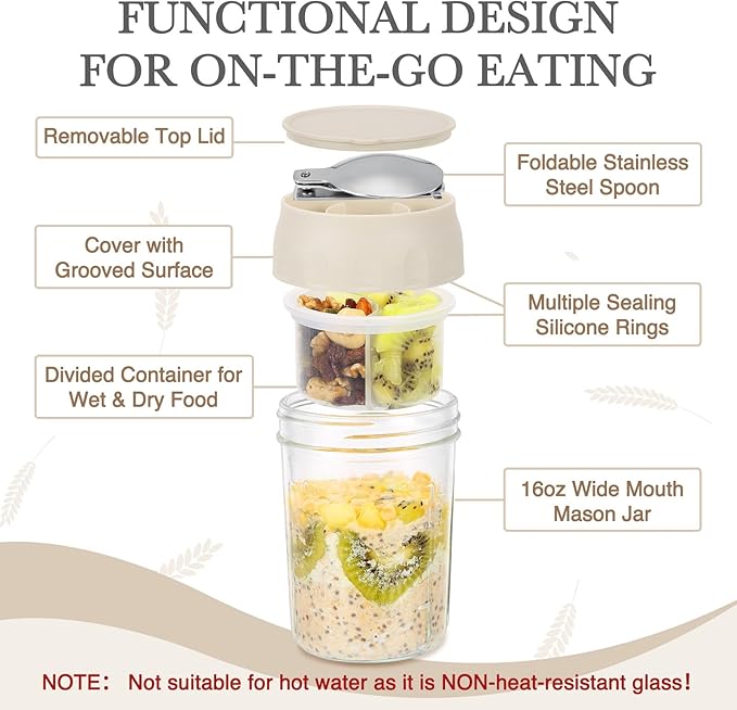 SOLIGT 2 Pack Overnight Oats Containers with Lids, Folding Spoons and Divided Compartments for Fruit & Nuts
