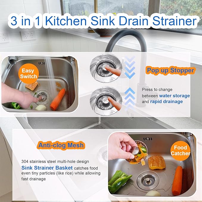 3 in 1 Kitchen Sink Drain Strainer Catcher, 304 Stainless Steel Pop Up Sink Stopper with Strainer Basket, Anti-Clog Kitchen Strainer Filter for US Standard 3-1/2 Inch Drain