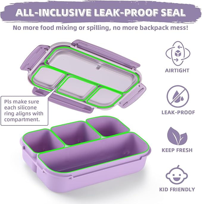 QQKO Bento Box Adult Lunch Box, Lunch Containers for Adults Men Women, Kids Lunch Boxes for School with 4 Compartments, Sauce Container