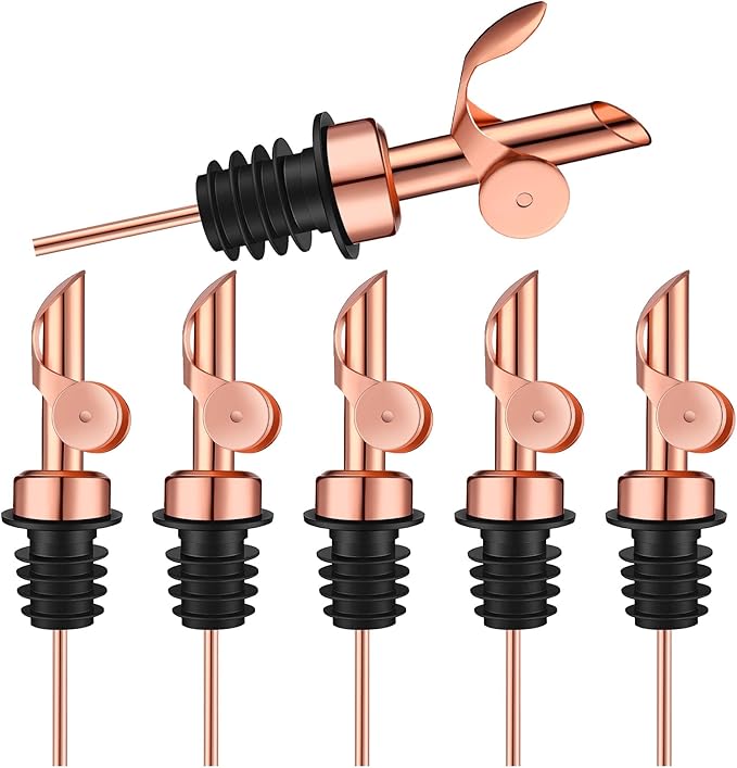Kinlop 6 Pcs Weighted Stainless Steel Liquor Bottle Pourers Auto Flip Olive Oil Dispenser Spout Balsamic Alcohol Pourer Spouts (Rose Gold)