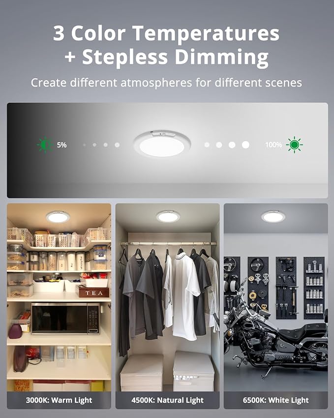 Bojim Rechargeable Ceiling Lights with Remote Wireless Battery Operated Motion Sensor Waterproof Shower Lighting, 3CCT & Dimmable Stick On Closet Overhead for Pantry Porch Renter Friendly 2 Pack