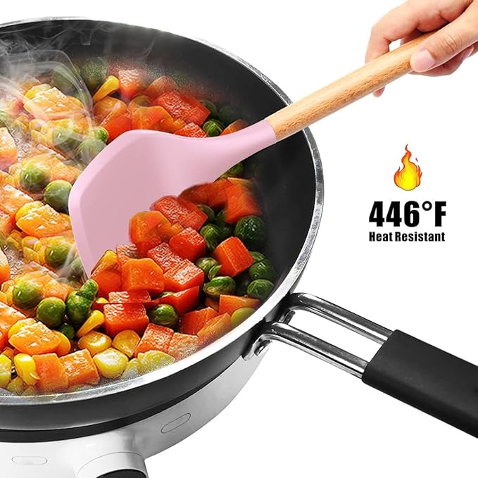 Premium Silicone Kitchen Cooking Utensils Set, 33pcs – 446°F Heat Resistant, Non-stick, BPA-Free, Wooden Handles, Spatula, Turner, Tongs, Spoon, Brush, Whisk – Essential Cooking Gadgets (Pink)