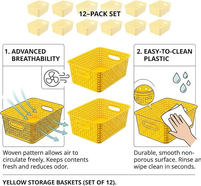 Yellow Plastic Organizer Baskets, 12-Pack Stackable Pantry Storage Baskets, Small Baskets for Shelves, Bathrooms, Kitchens, Laundry Room, Classrooms, Cabinets and Bedrooms