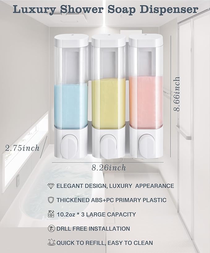 RANKADO Luxury Shower Soap Dispenser Bathroom with Tray,Drill Free Shampoo and Conditioner Dispenser with Mounting Tapes,Shower Soap Dispenser with Labels,Shampoo Dispenser for Shower Wall