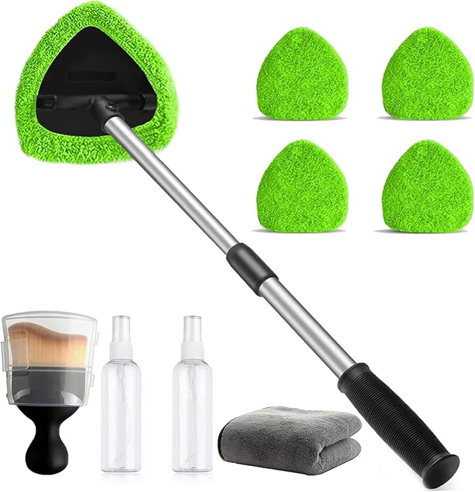 Car Windshield Cleaning Tools, Expandable Car Window Cleaner kit with 4 Reusable Microfiber Pads, Bottles, Windshield Cleaning Wand Tool