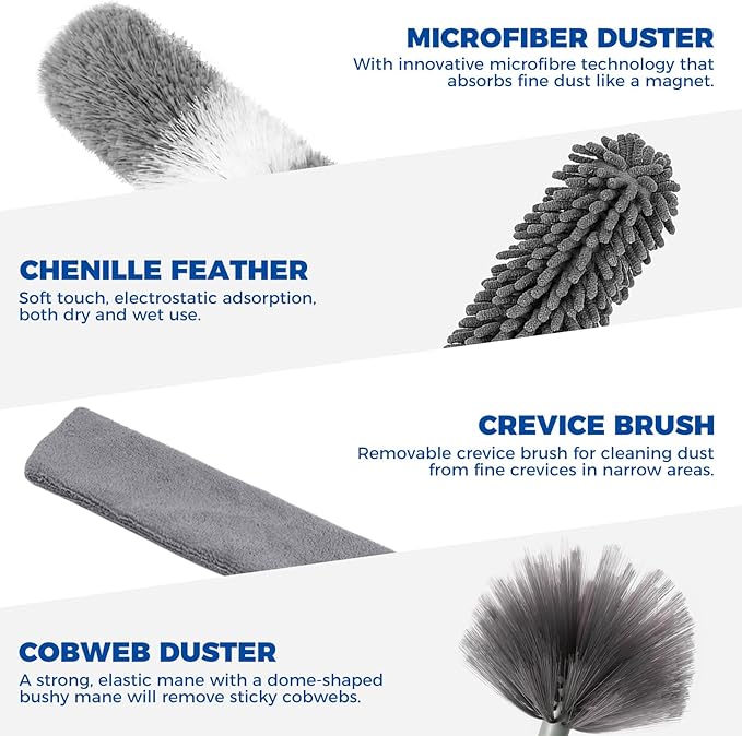 9Pcs Dusters for Cleaning Kit, Extendable Microfiber Duster Tools with 100" Long Pole, Retractable Gap Bendable Dust Cleaner