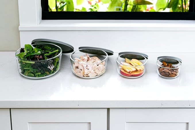 DURA LIVING 8-Piece Glass Food Storage Containers Set (4 Containers + 4 Lids) | Round, Nesting, Microwave & Dishwasher Safe | BPA-Free, Space-Saving