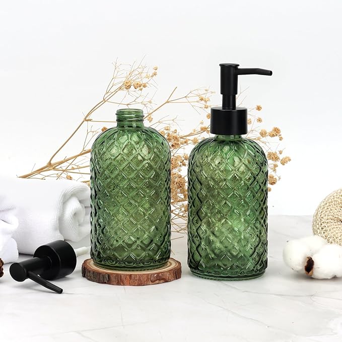 13.5Oz Gem Design Soap Dispenser with Plastic Pump, Refillable Glass Soap Dispenser for Hand Soap, Dish Soap, Lotion (Army Green)