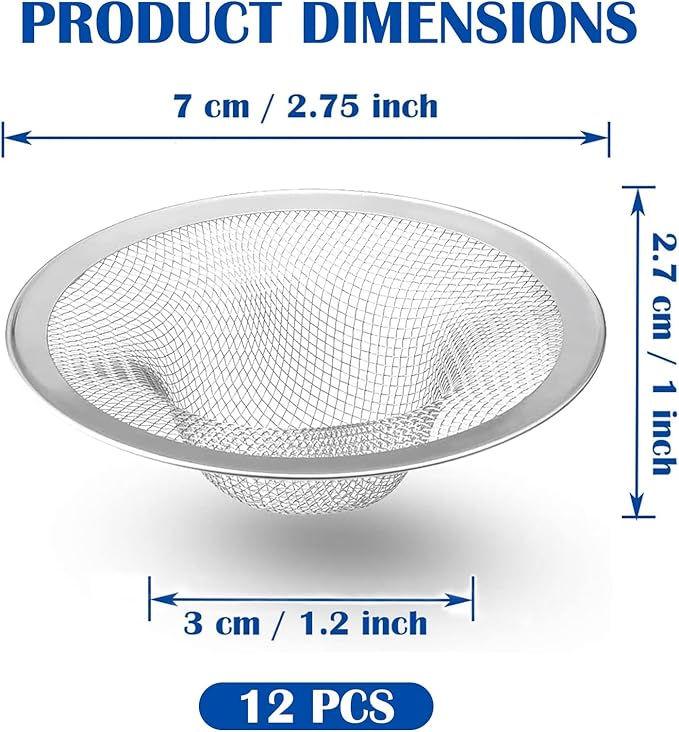 12 pcs Heavy Duty Stainless Steel Slop Basket Filter Trap, 2.75" Top / 1" Mesh Metal Sink Strainer