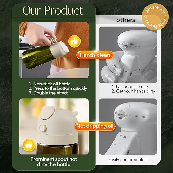 YARRAMATE 16oz/470ml Light-Blocking Dark Oil Sprayer for Cooking, 2 in 1 Olive Oil Dispenser Bottle for Kitchen, Premium Dark Green Glass Oil Bottle, Food-Grade Oil Mister for Air Fryer, BBQ (White)