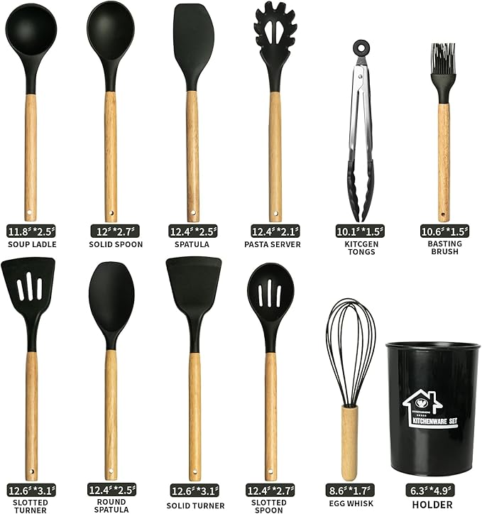 Kitchen Utensils Set for Cooking : 12 Pieces Silicone Wood Handle Kitchen Spatula Set - Heat Resistant Kitchen Gadgets Tools for Non-Stick Cookware (Black)