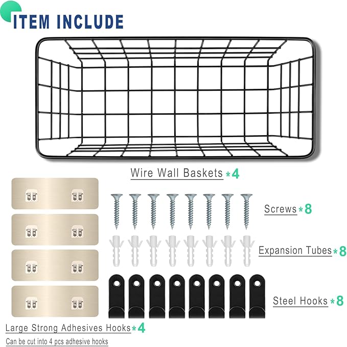 4 Pack Hanging Wall Basket Wire Storage Baskets, Adhesive Basket for Cabinet Door Organizer(2 Wall Mounting Options), Hanging Fruit Baskets for Kitchen, Pantry Organization, Bathroom, Black