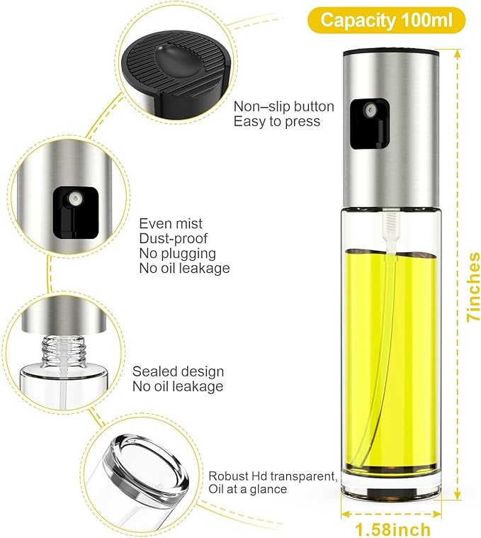 Cooking Oil Sprayer, 100ml Olive Oil Sprayer, Seasoning Spray Bottle, Glass Bottle for Roasting Olive Oil, Suitable for Kitchen, Cooking, BBQ,Baking Bread, and Barbecuing