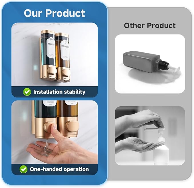 Shampoo and Conditioner Dispenser, Refillabe Shower Soap Dispensers 2 Chamber No Drill Shampoo Dispenser for Shower Wall Mounted 2 * 300ml Container for Bathroom Hotel (Gold 2 Chamber)