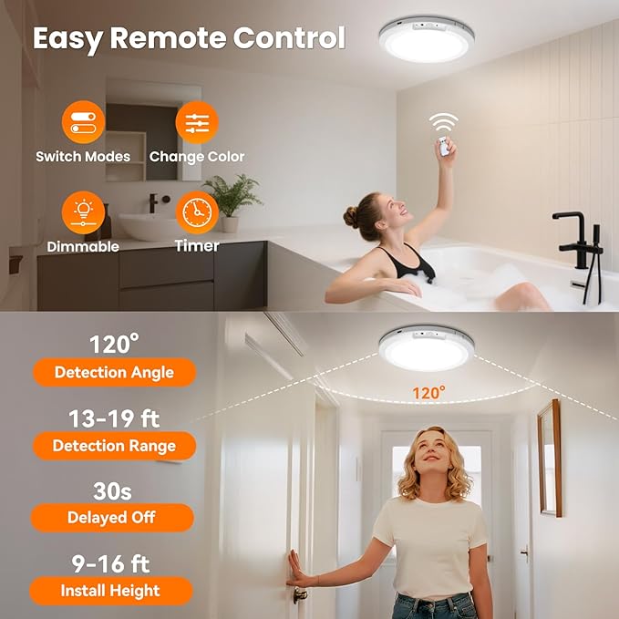 Rechargeable Motion Sensor Ceiling Light Indoor Outdoor w/Remote, 7.08 Inch Battery Operated Flush Mount Ceiling Light 3000K 4000K 6000K 400LM Dimmable for Closet Hallway Laundry Stairs (2)