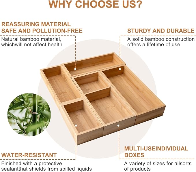 Bamboo Drawer Organizer 5 Pcs for Kitchen Multi-purpose Storage Dividers for Kitchen, Office, Jewelry, Cosmetics, Wooden Drawer Dividers for Drawer Organizer Desk Organizer Gift for Women Gifts Idea